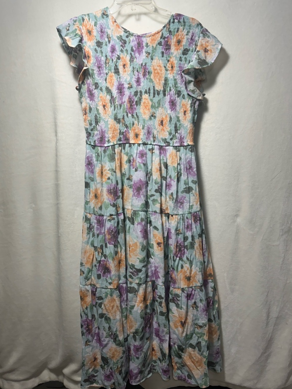 Floral Tiered Midi Dress in Mint with Purple & Peach Flowers